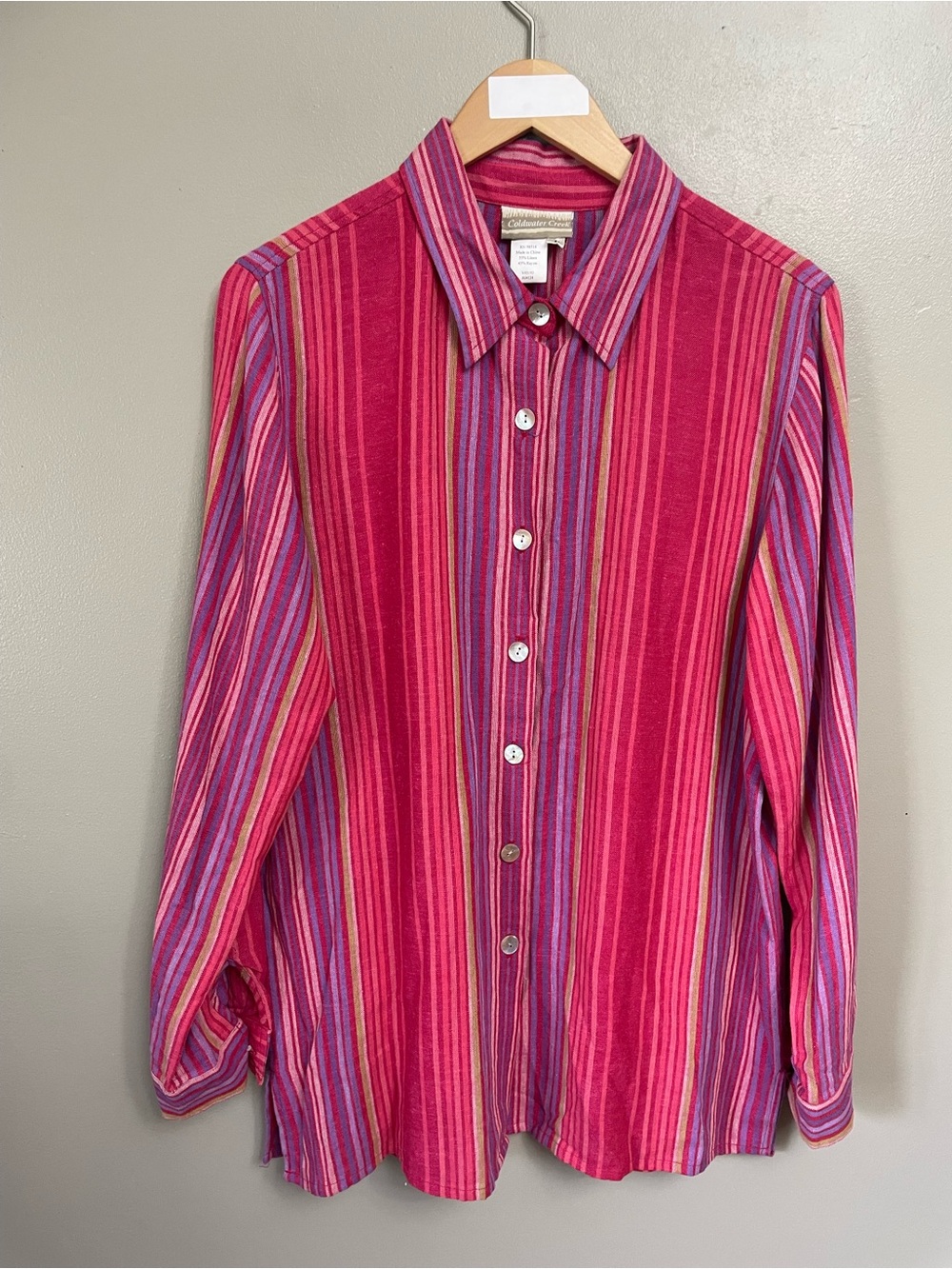 Coldwater Creek Linen Stripe Shirt Womens Pink Long Sleeve Button Front